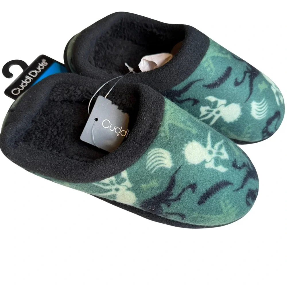 Cuddl Duds Boys Dinosaur‎ Fossil Fleece Slippers L 5/6 Green Glow In The Dark